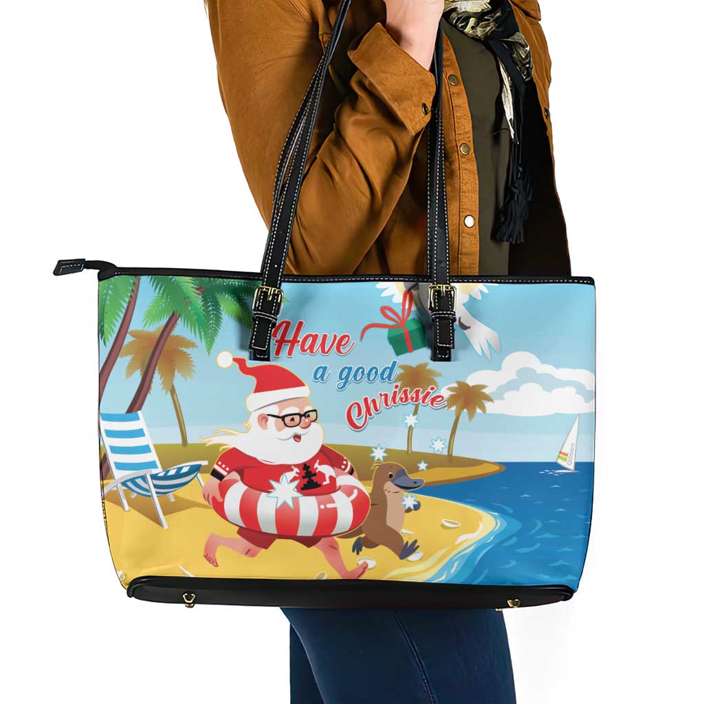 Australia Christmas In July Leather Tote Bag Happy Santa Claus With Aussie Animals