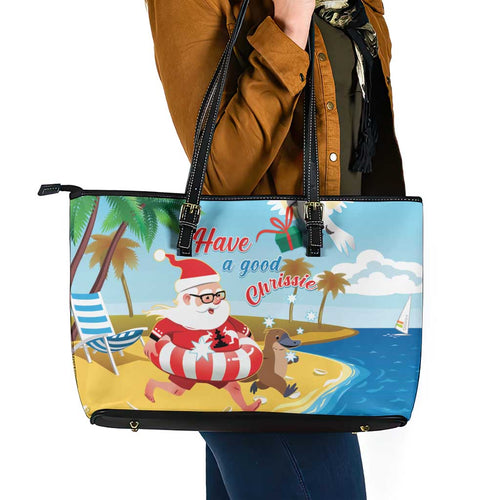 Australia Christmas In July Leather Tote Bag Happy Santa Claus With Aussie Animals
