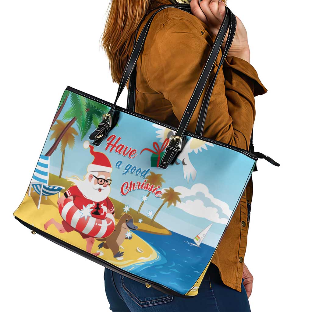 Australia Christmas In July Leather Tote Bag Happy Santa Claus With Aussie Animals