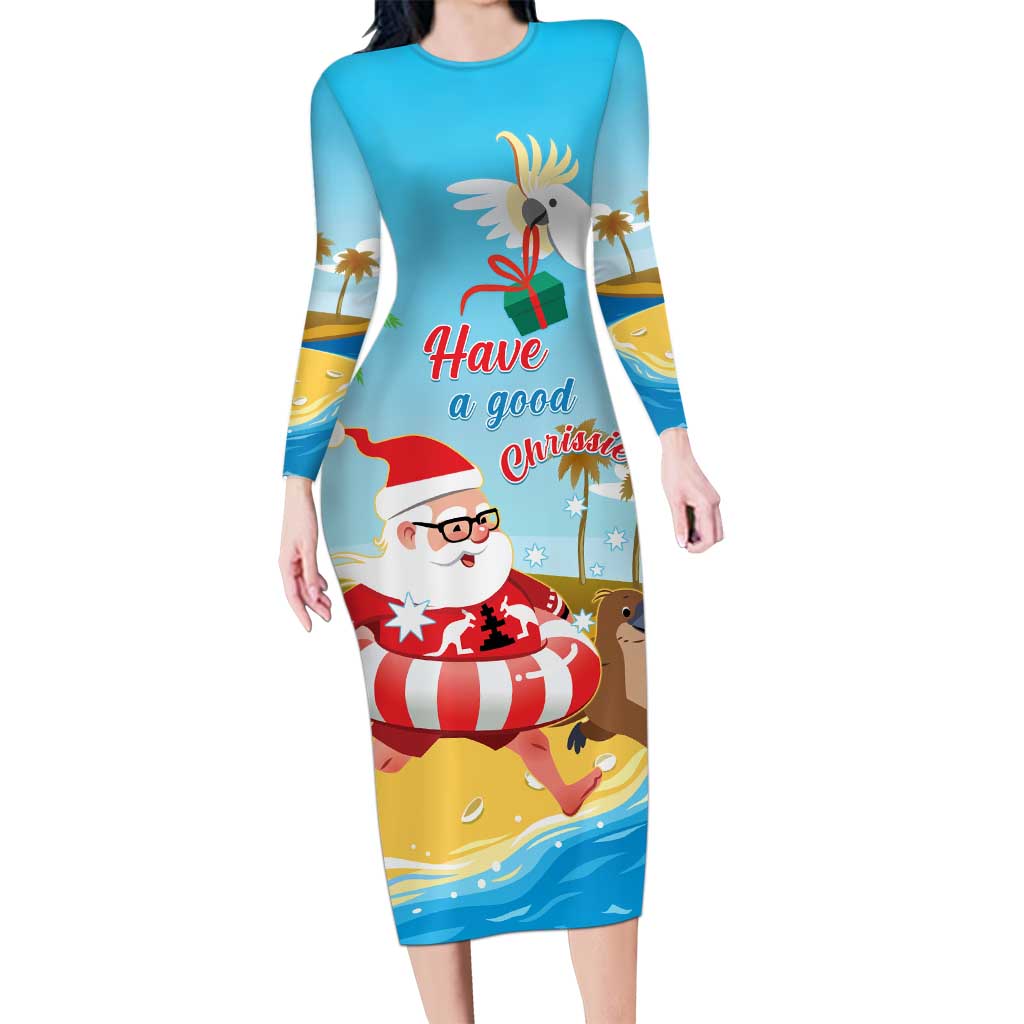 Australia Christmas In July Long Sleeve Bodycon Dress Happy Santa Claus With Aussie Animals