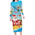 Australia Christmas In July Long Sleeve Bodycon Dress Happy Santa Claus With Aussie Animals