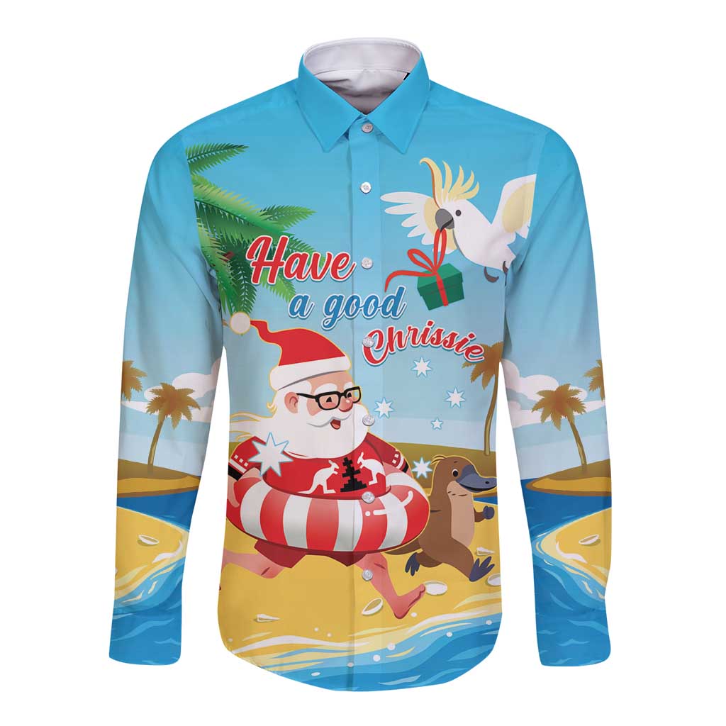 Australia Christmas In July Long Sleeve Button Shirt Happy Santa Claus With Aussie Animals
