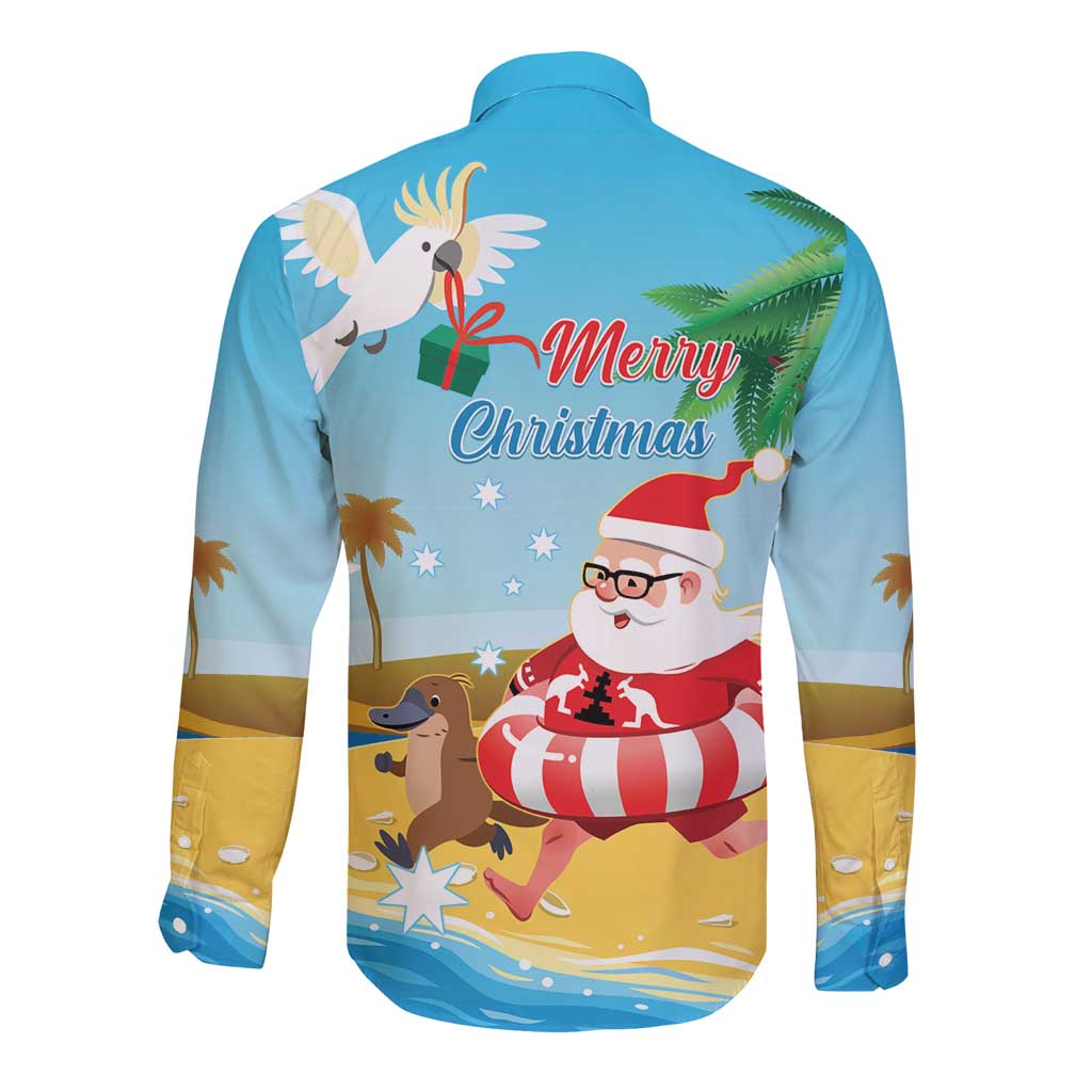 Australia Christmas In July Long Sleeve Button Shirt Happy Santa Claus With Aussie Animals