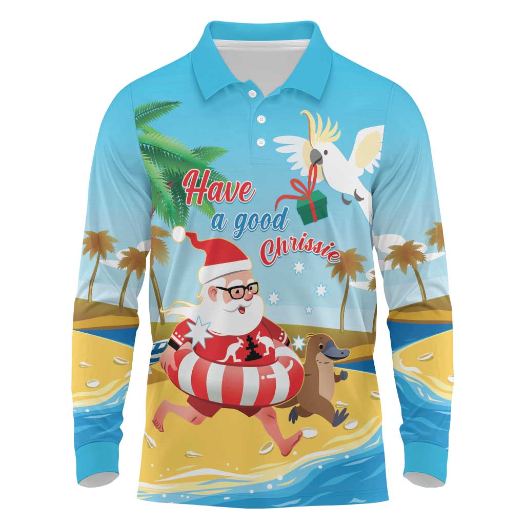 Australia Christmas In July Long Sleeve Polo Shirt Happy Santa Claus With Aussie Animals