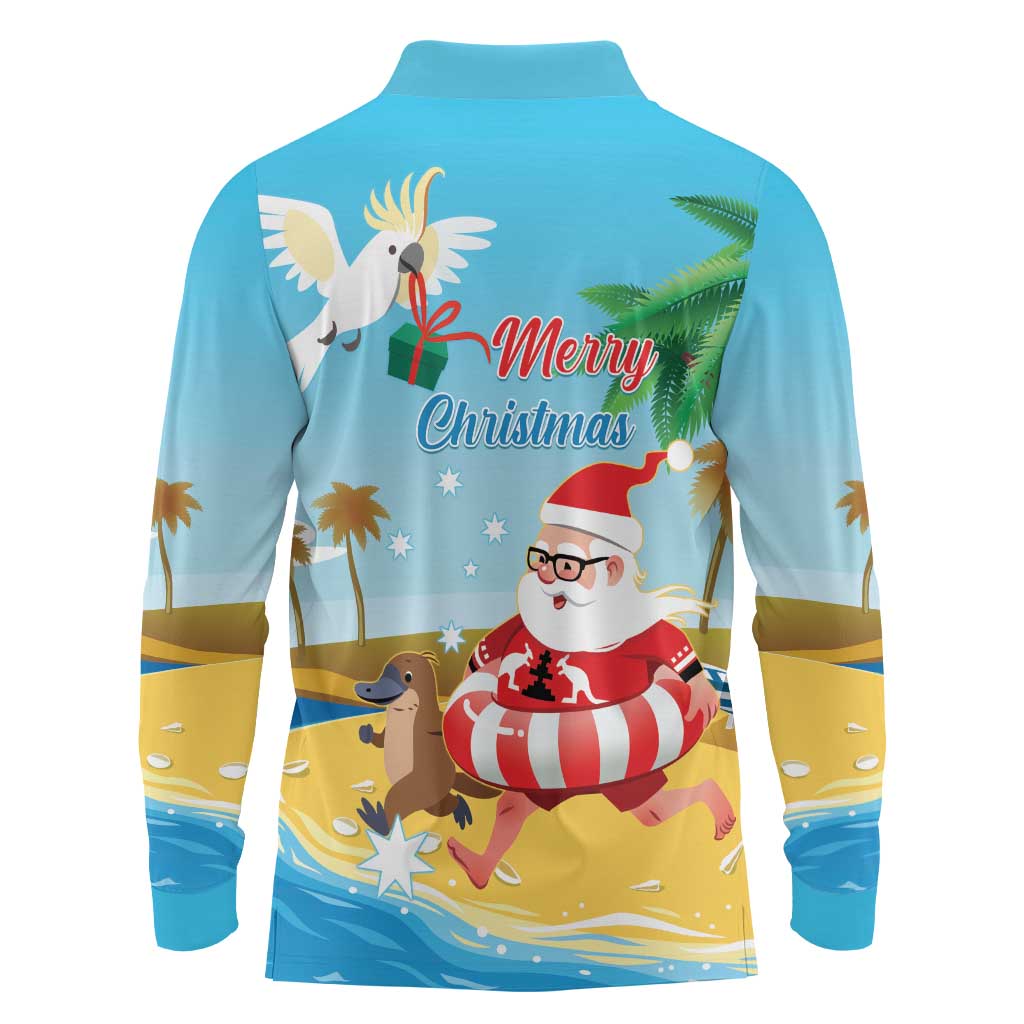 Australia Christmas In July Long Sleeve Polo Shirt Happy Santa Claus With Aussie Animals