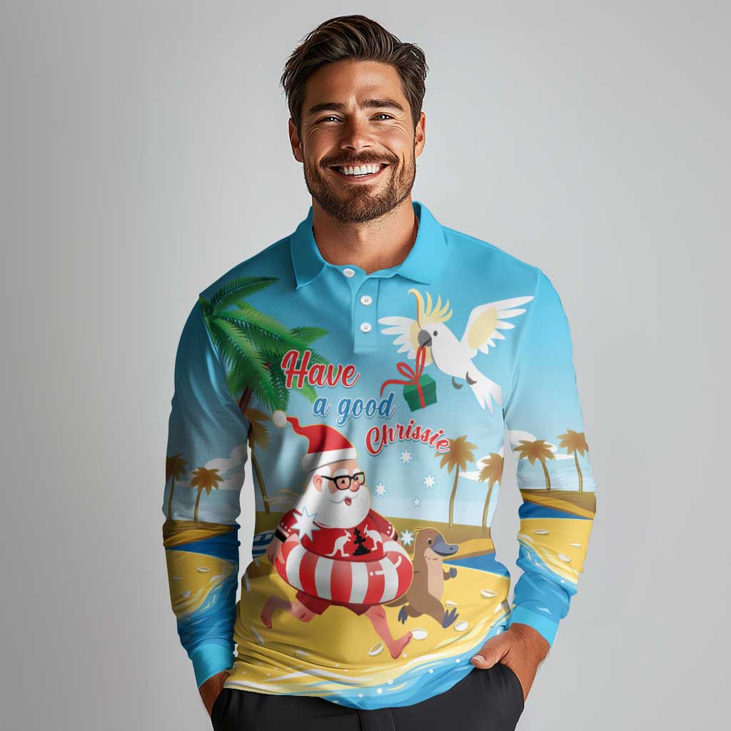 Australia Christmas In July Long Sleeve Polo Shirt Happy Santa Claus With Aussie Animals
