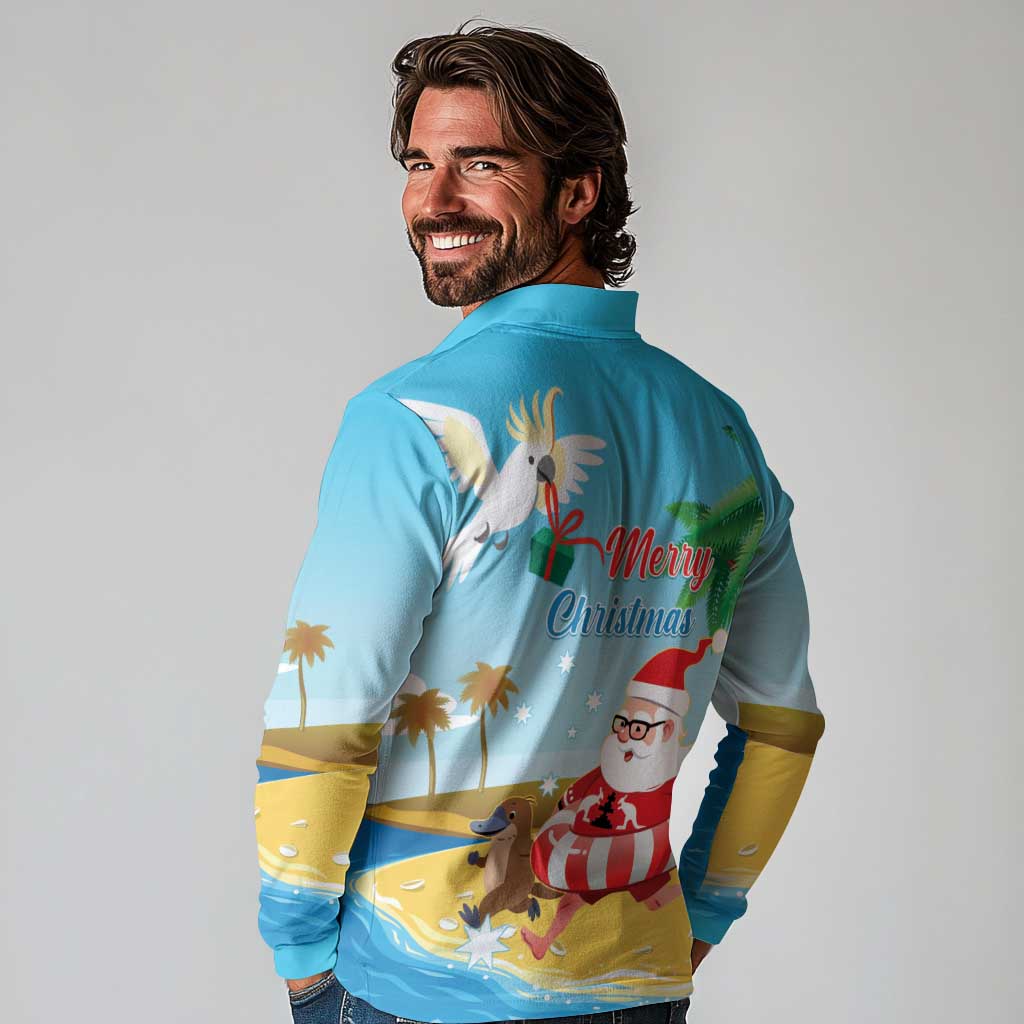 Australia Christmas In July Long Sleeve Polo Shirt Happy Santa Claus With Aussie Animals