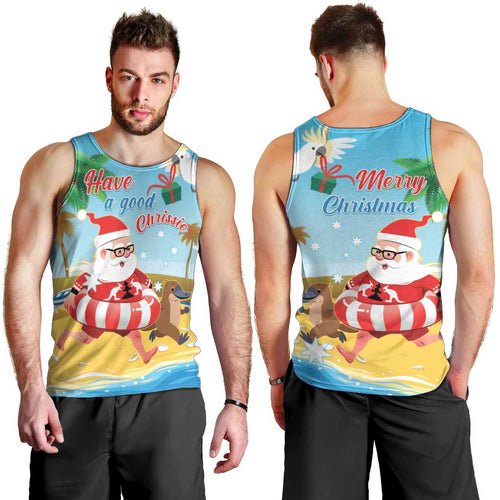 Australia Christmas In July Men Tank Top Happy Santa Claus With Aussie Animals