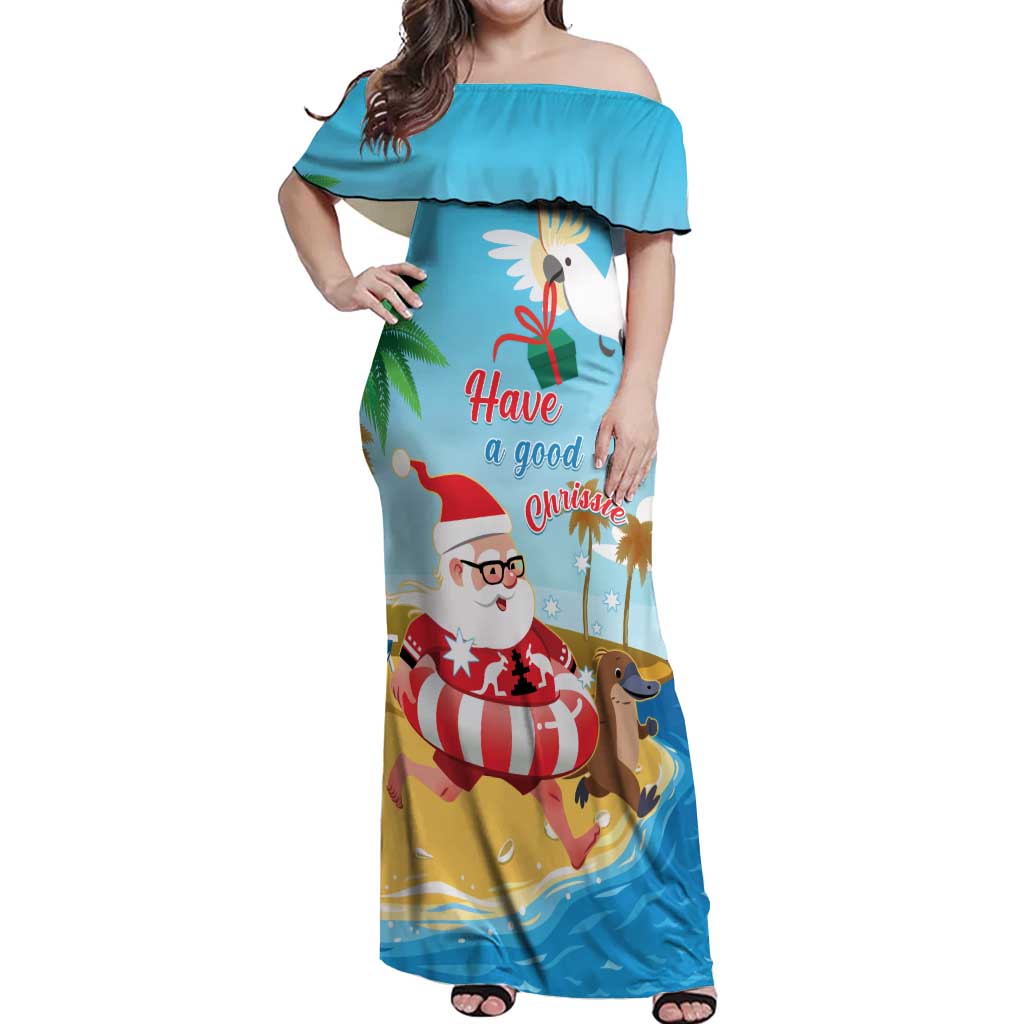 Australia Christmas In July Off Shoulder Maxi Dress Happy Santa Claus With Aussie Animals