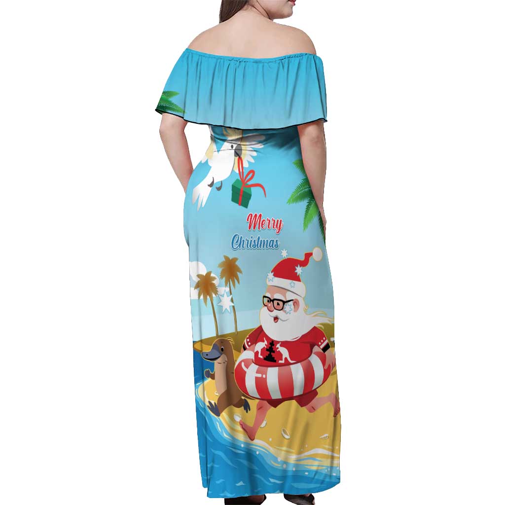 Australia Christmas In July Off Shoulder Maxi Dress Happy Santa Claus With Aussie Animals