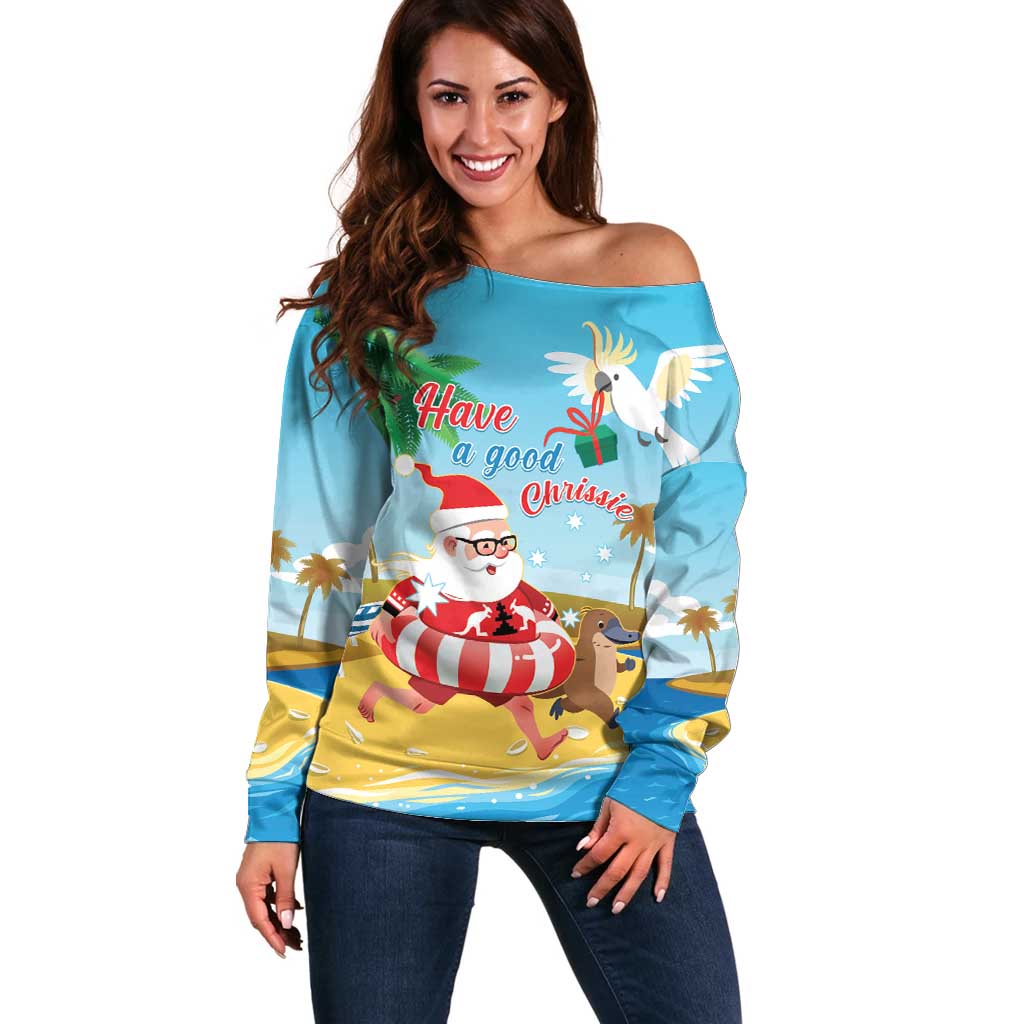 Australia Christmas In July Off Shoulder Sweater Happy Santa Claus With Aussie Animals