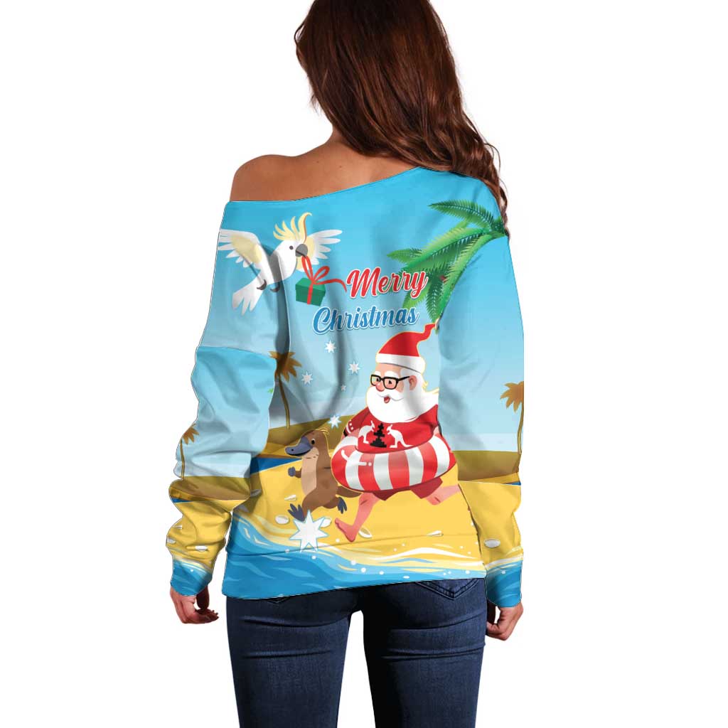 Australia Christmas In July Off Shoulder Sweater Happy Santa Claus With Aussie Animals