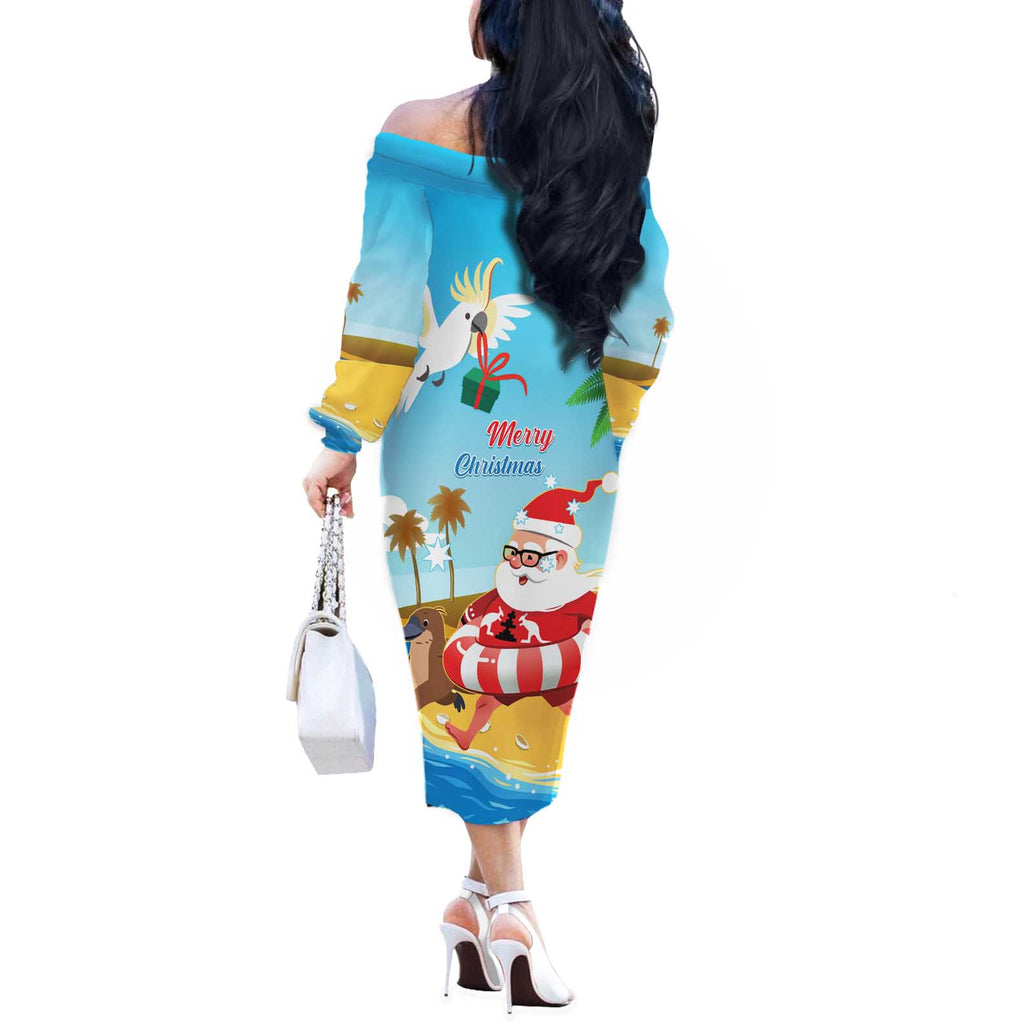 Australia Christmas In July Off The Shoulder Long Sleeve Dress Happy Santa Claus With Aussie Animals