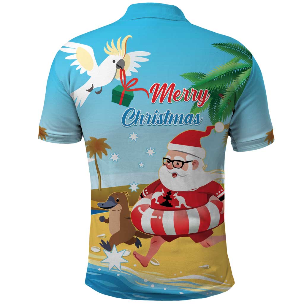 Australia Christmas In July Polo Shirt Happy Santa Claus With Aussie Animals