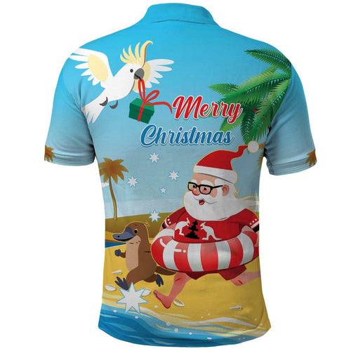 Australia Christmas In July Polo Shirt Happy Santa Claus With Aussie Animals