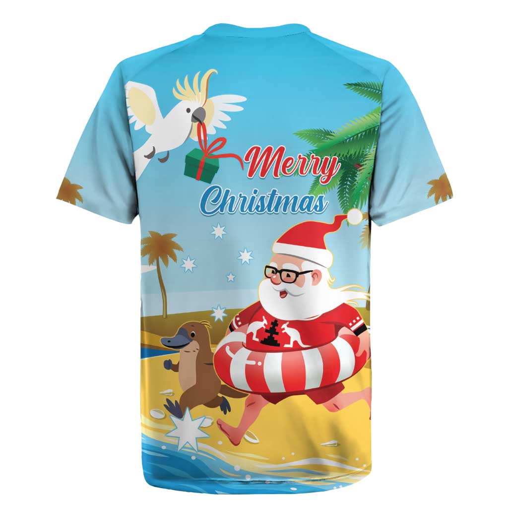 Australia Christmas In July Rugby Jersey Happy Santa Claus With Aussie Animals