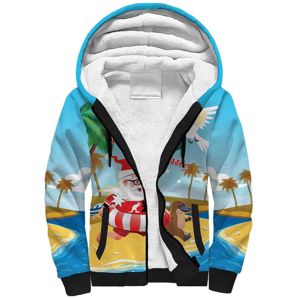 Australia Christmas In July Sherpa Hoodie Happy Santa Claus With Aussie Animals