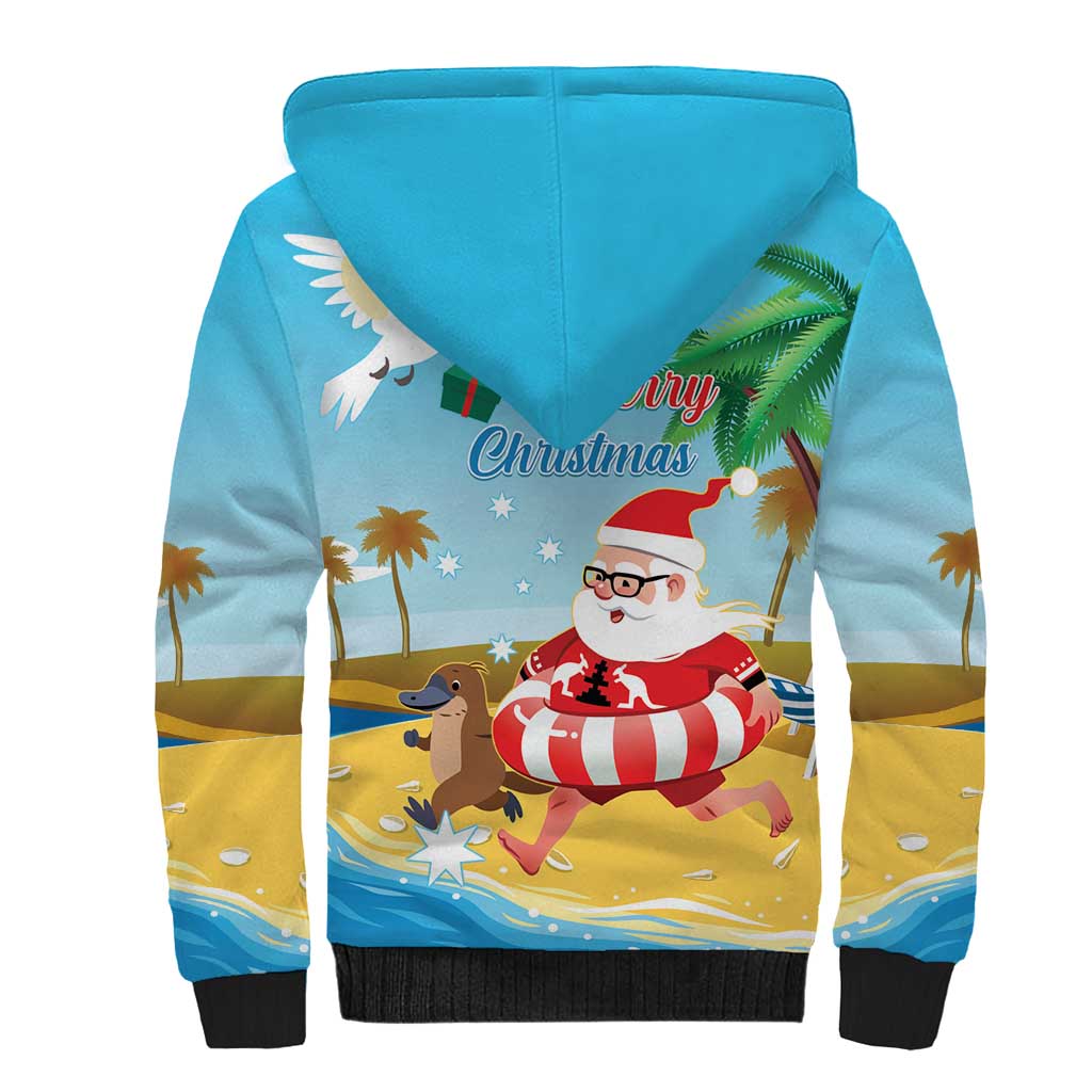 Australia Christmas In July Sherpa Hoodie Happy Santa Claus With Aussie Animals