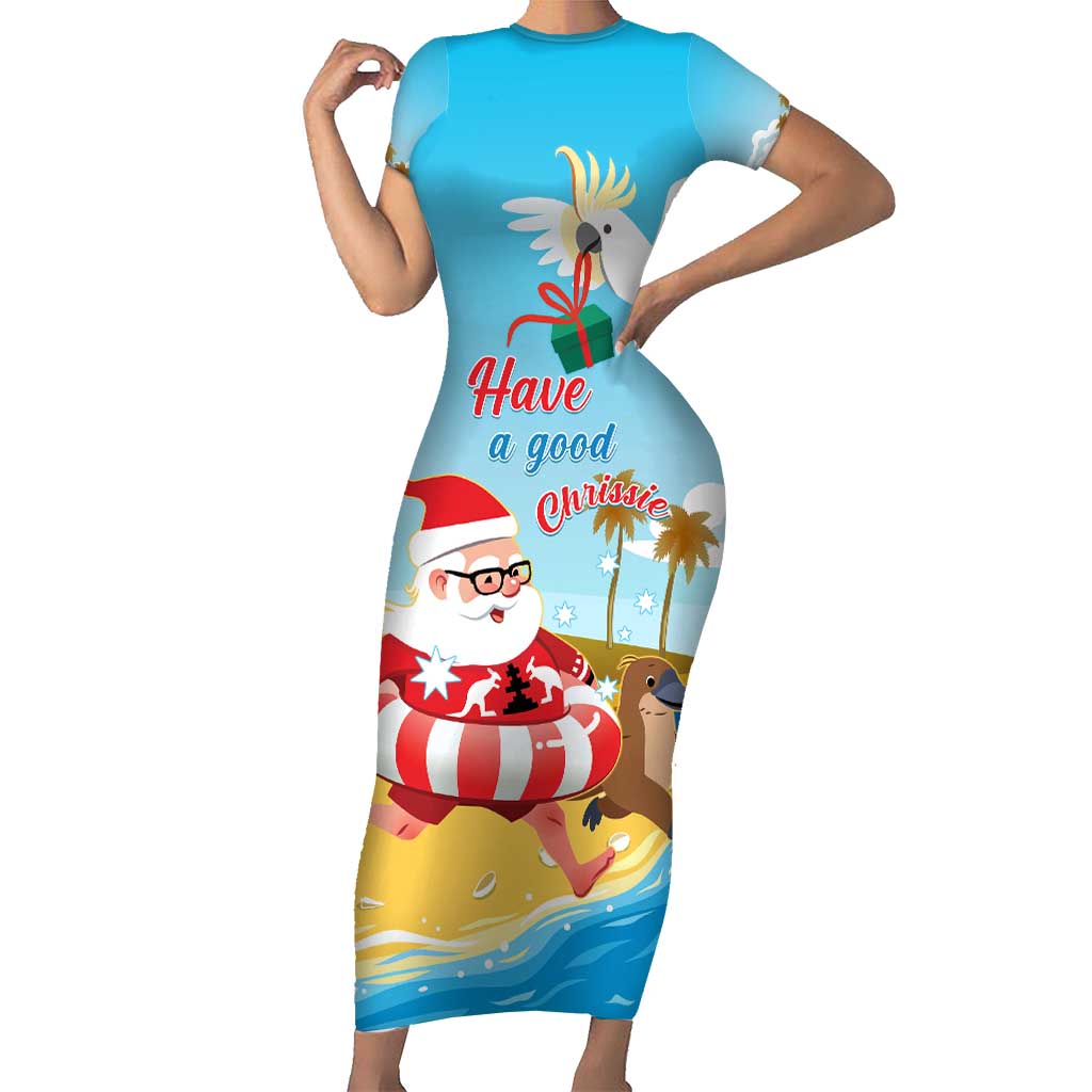 Australia Christmas In July Short Sleeve Bodycon Dress Happy Santa Claus With Aussie Animals