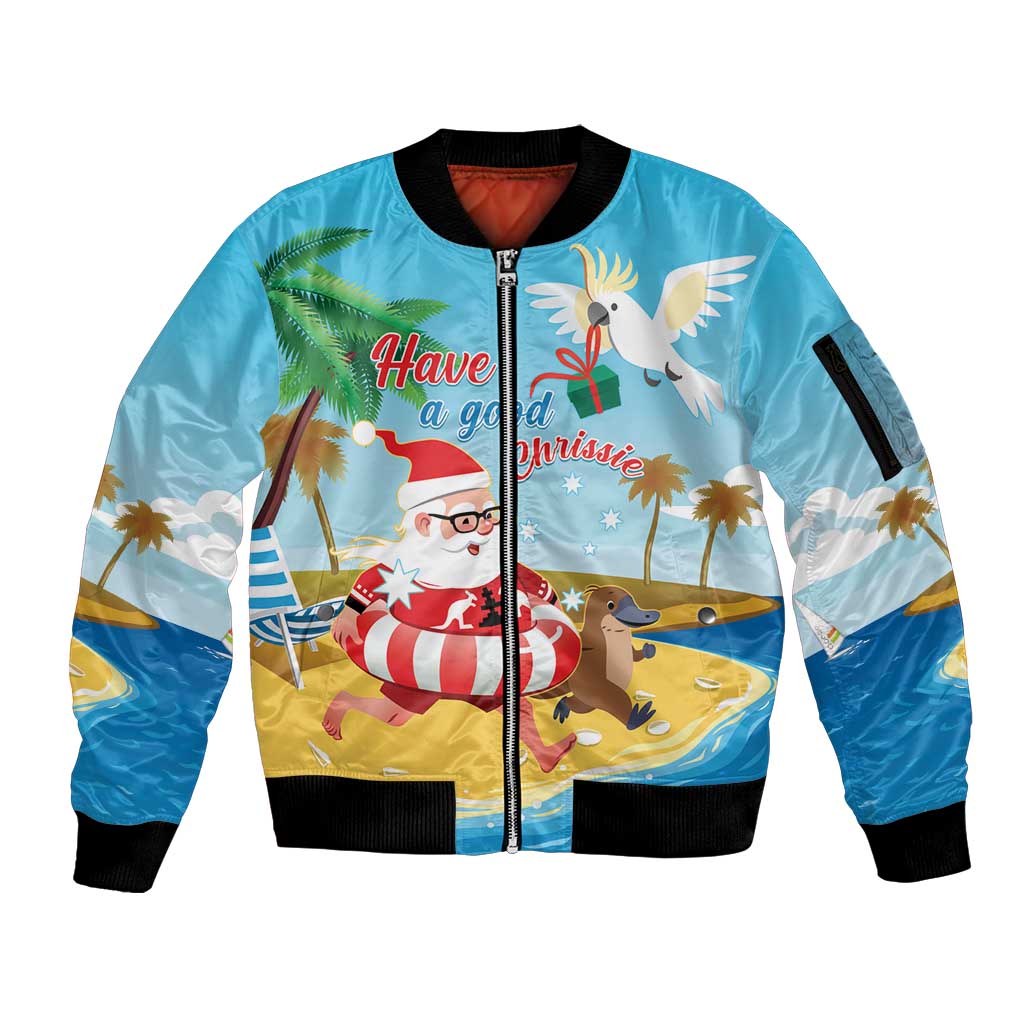 Australia Christmas In July Sleeve Zip Bomber Jacket Happy Santa Claus With Aussie Animals