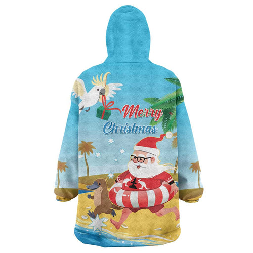 Australia Christmas In July Wearable Blanket Hoodie Happy Santa Claus With Aussie Animals