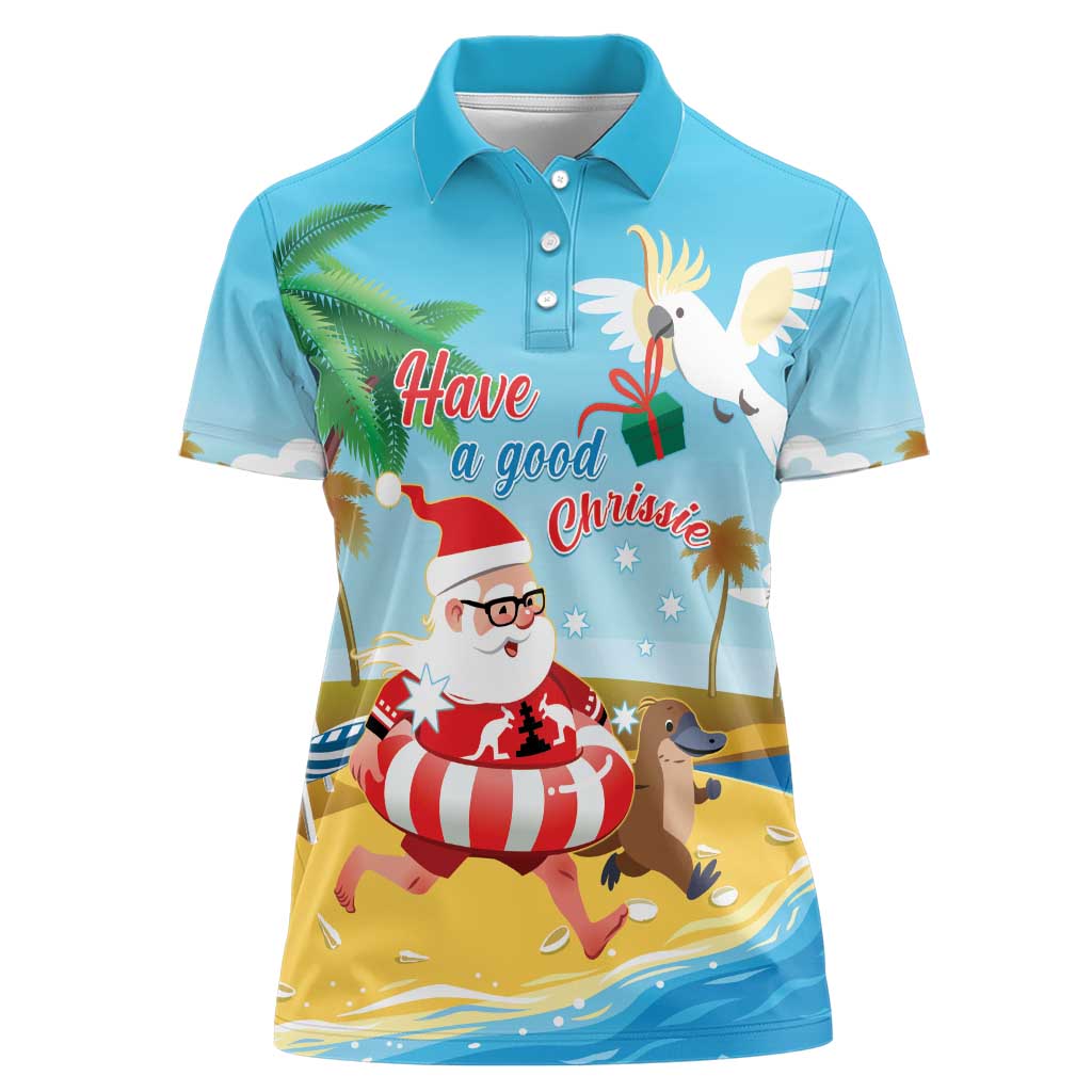 Australia Christmas In July Women Polo Shirt Happy Santa Claus With Aussie Animals