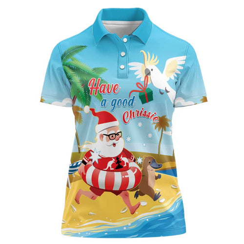 Australia Christmas In July Women Polo Shirt Happy Santa Claus With Aussie Animals