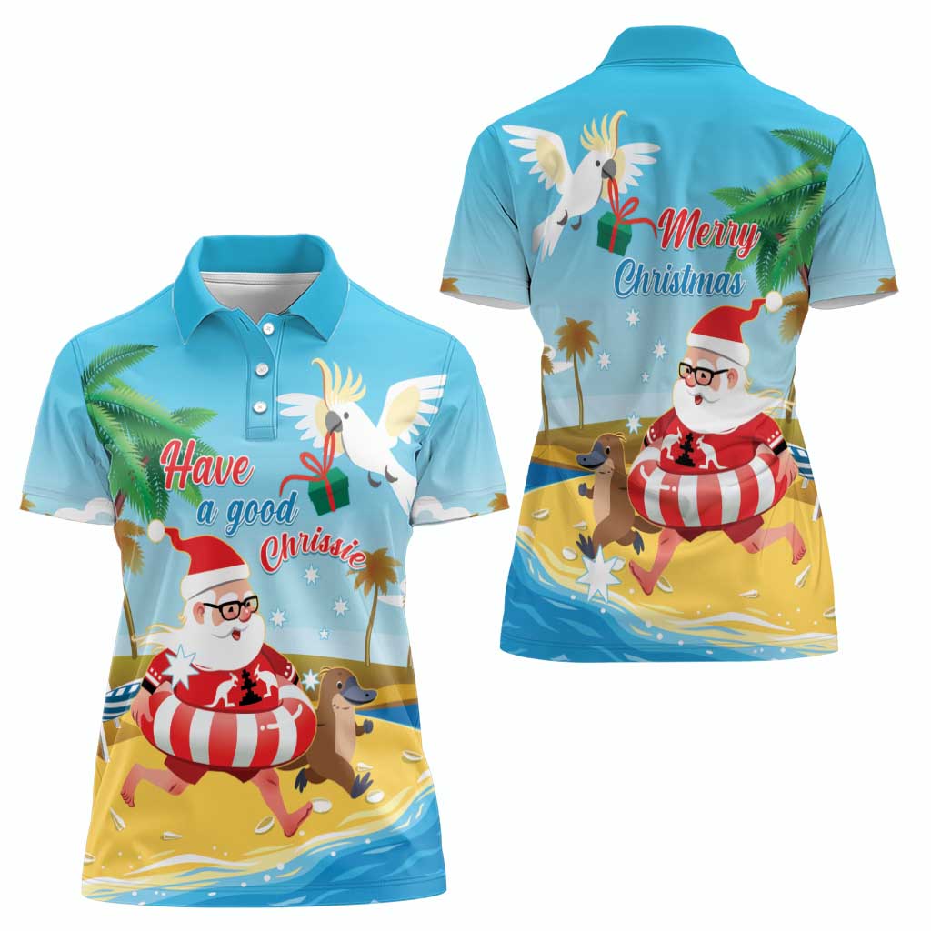 Australia Christmas In July Women Polo Shirt Happy Santa Claus With Aussie Animals