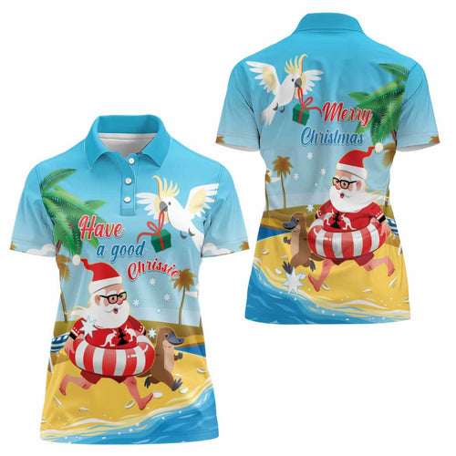 Australia Christmas In July Women Polo Shirt Happy Santa Claus With Aussie Animals