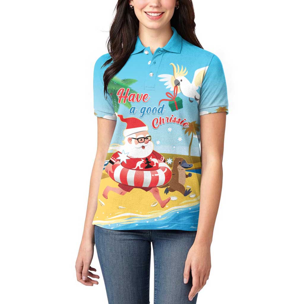 Australia Christmas In July Women Polo Shirt Happy Santa Claus With Aussie Animals