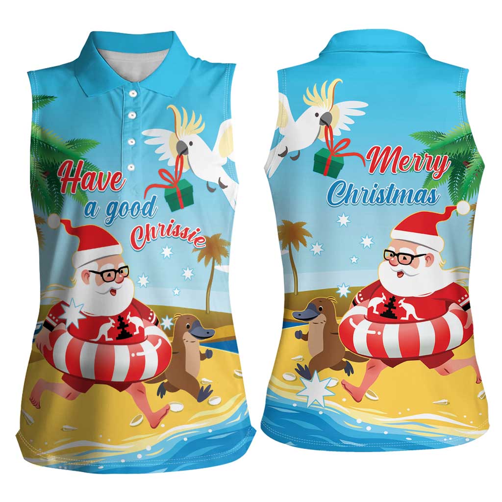 Australia Christmas In July Women Sleeveless Polo Shirt Happy Santa Claus With Aussie Animals
