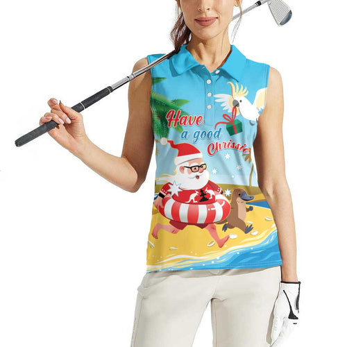 Australia Christmas In July Women Sleeveless Polo Shirt Happy Santa Claus With Aussie Animals
