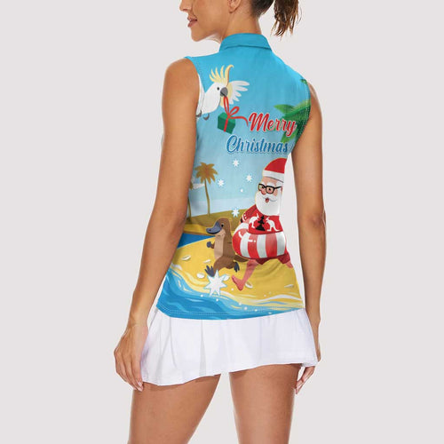 Australia Christmas In July Women Sleeveless Polo Shirt Happy Santa Claus With Aussie Animals