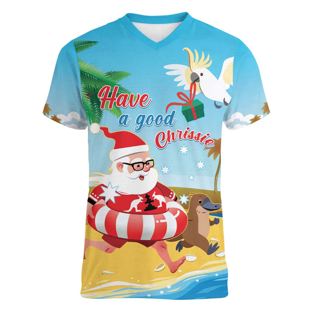 Australia Christmas In July Women V-Neck T-Shirt Happy Santa Claus With Aussie Animals