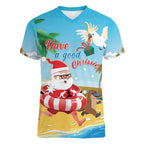 Australia Christmas In July Women V-Neck T-Shirt Happy Santa Claus With Aussie Animals