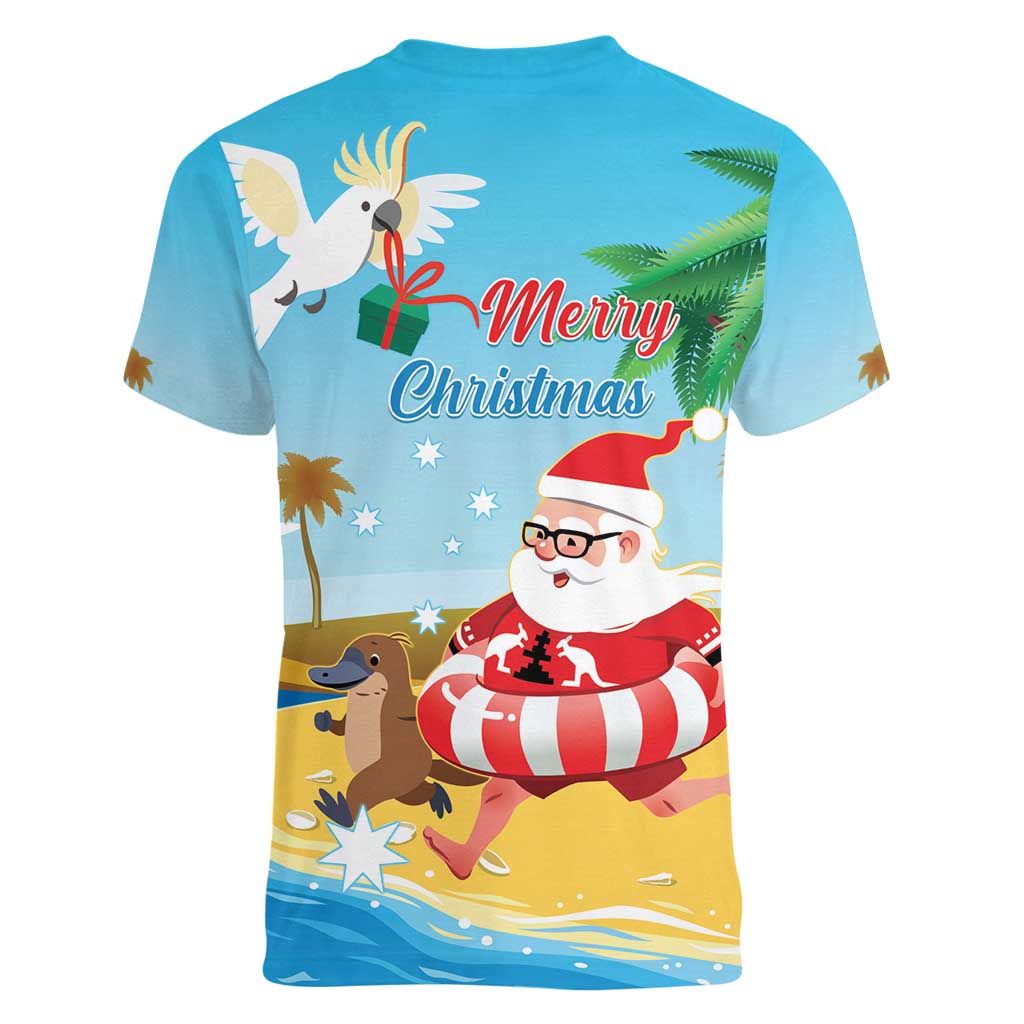 Australia Christmas In July Women V-Neck T-Shirt Happy Santa Claus With Aussie Animals