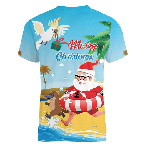 Australia Christmas In July Women V-Neck T-Shirt Happy Santa Claus With Aussie Animals