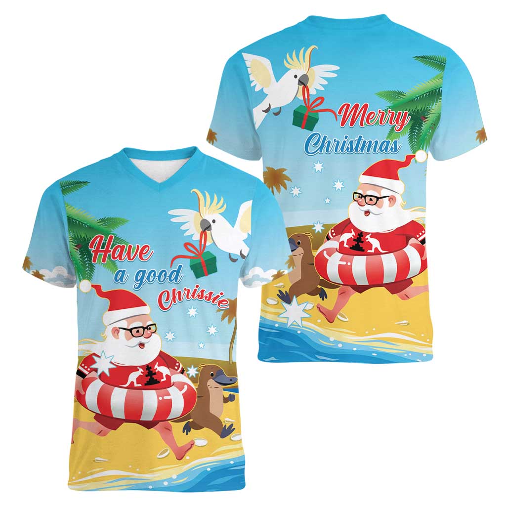 Australia Christmas In July Women V-Neck T-Shirt Happy Santa Claus With Aussie Animals