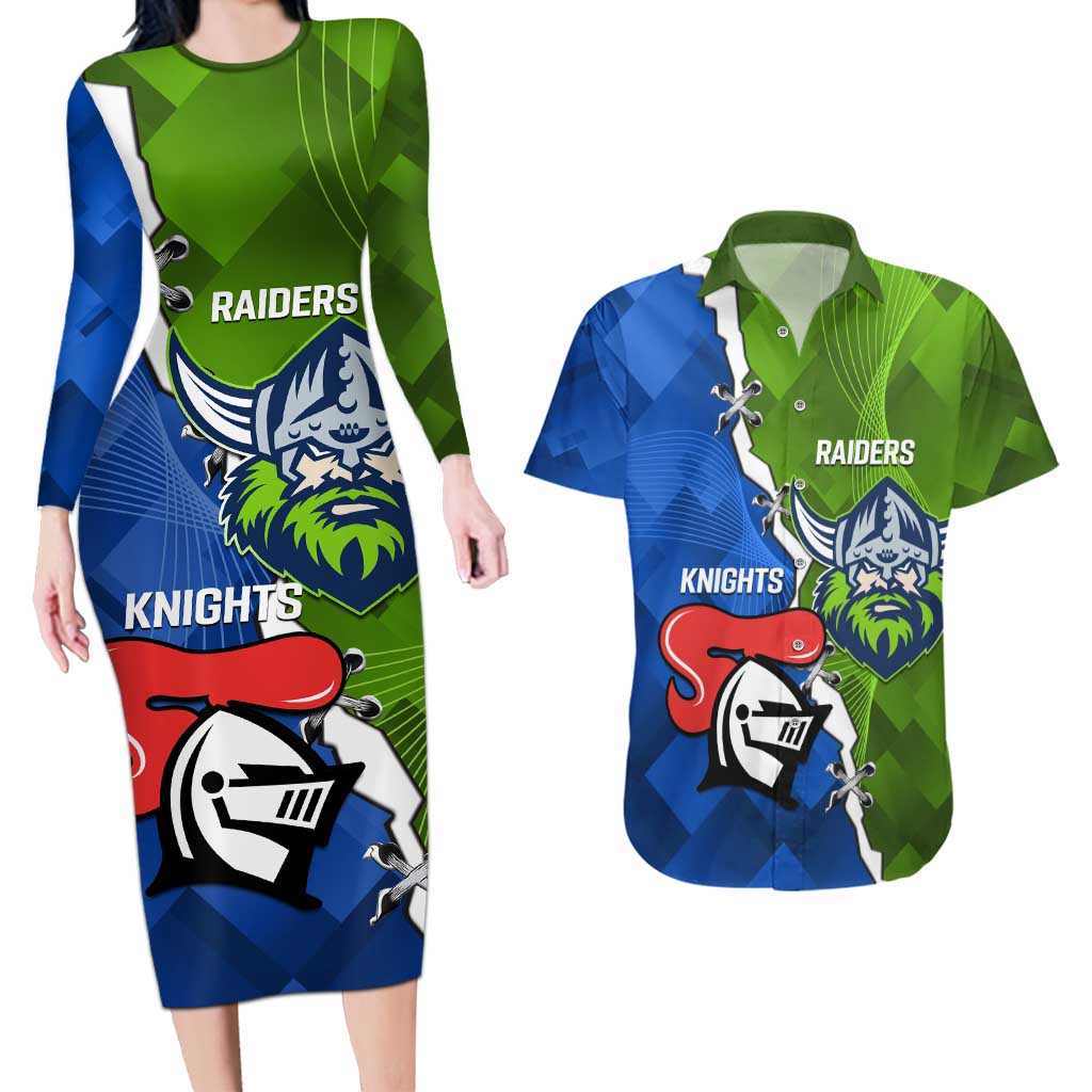 Custom Raiders And Knights Couples Matching Long Sleeve Bodycon Dress and Hawaiian Shirt Together Dynamic Style