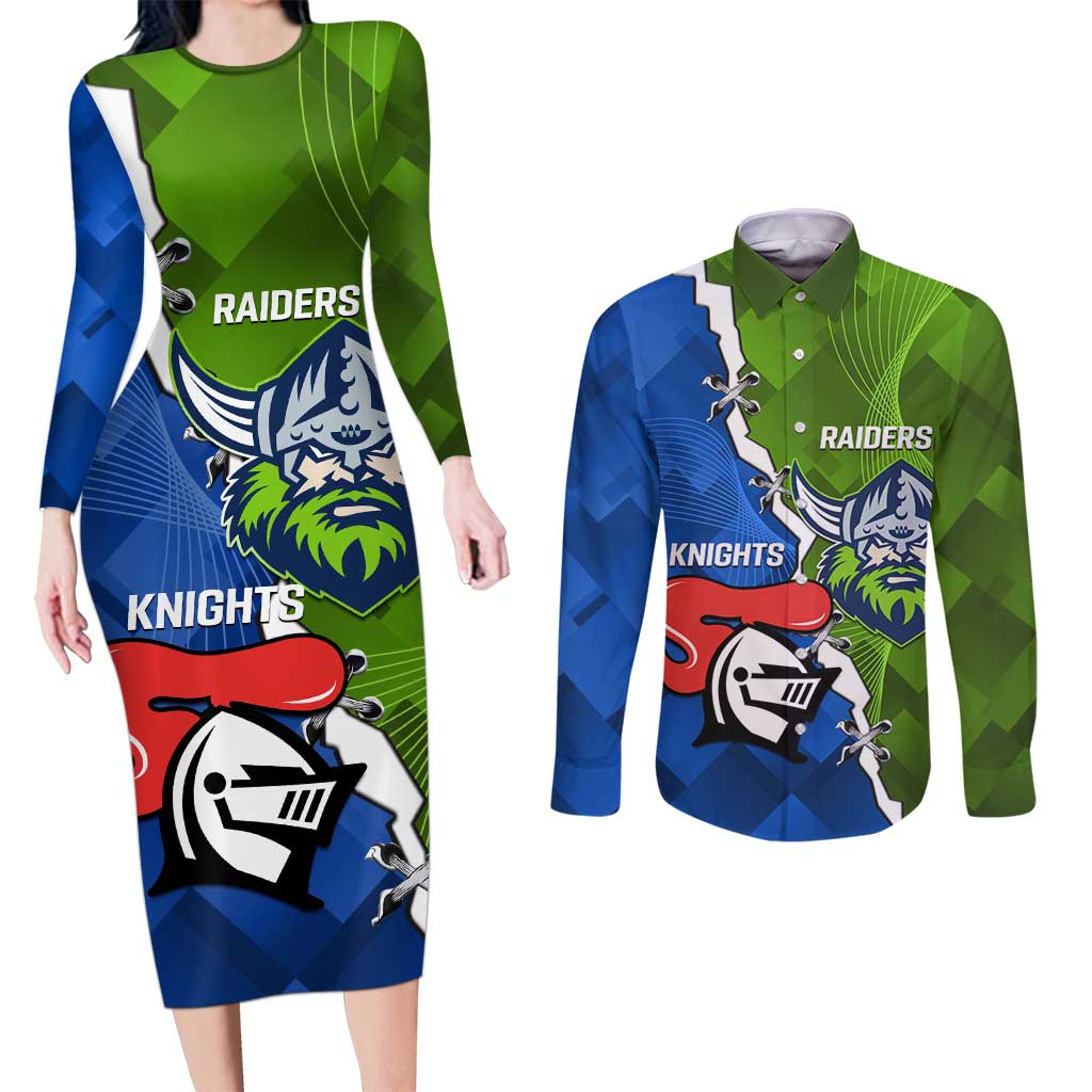 Custom Raiders And Knights Couples Matching Long Sleeve Bodycon Dress and Long Sleeve Button Shirt Together Dynamic Style