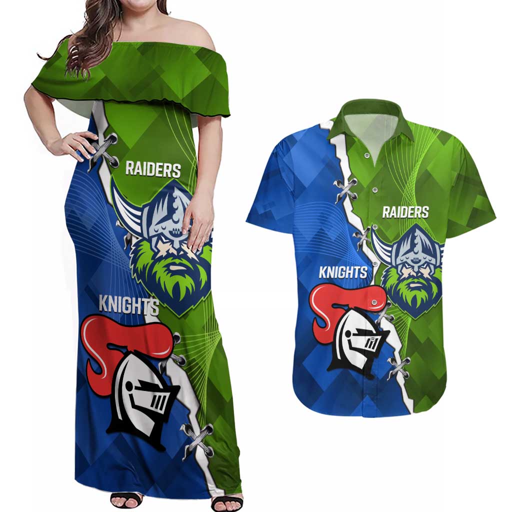 Custom Raiders And Knights Couples Matching Off Shoulder Maxi Dress and Hawaiian Shirt Together Dynamic Style