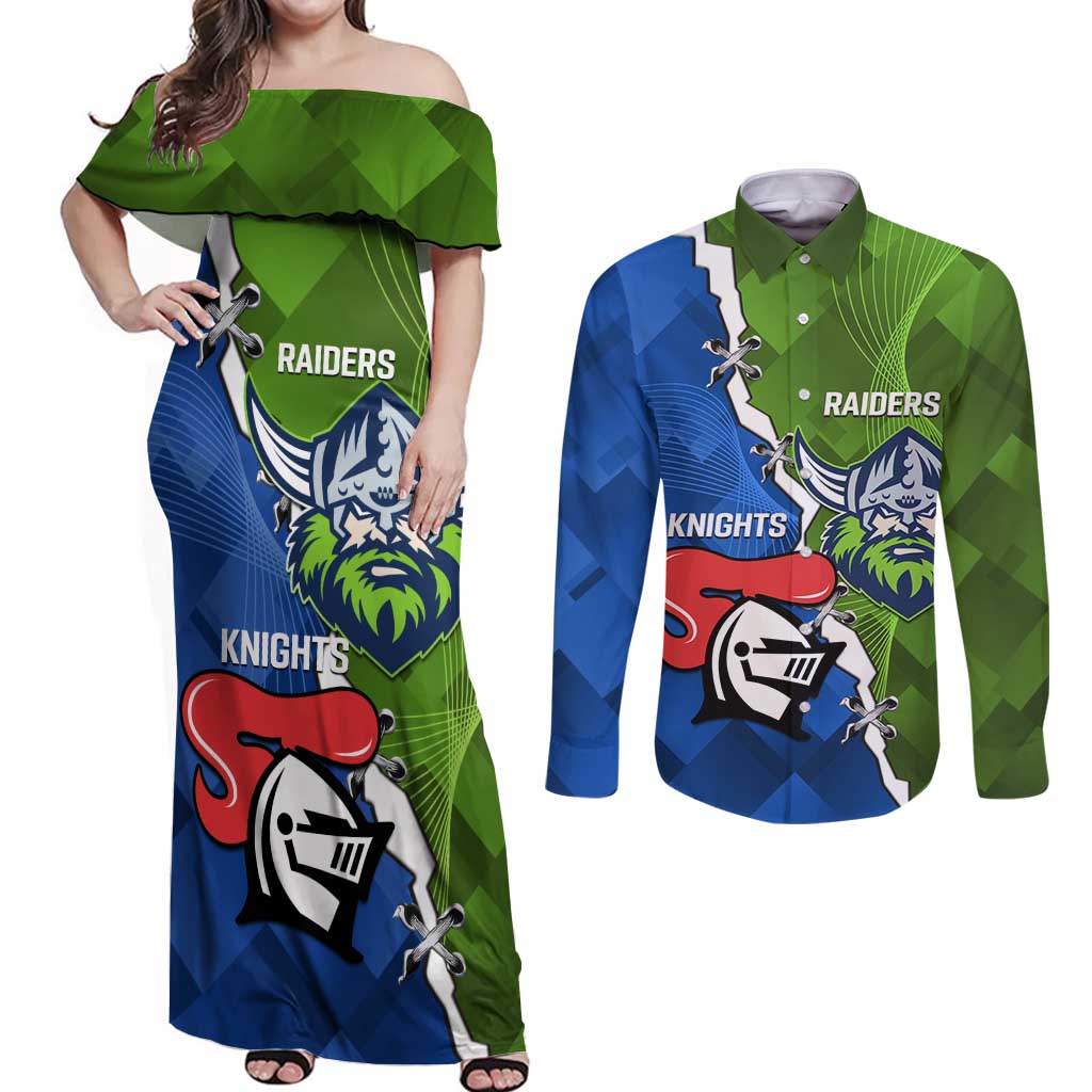 Custom Raiders And Knights Couples Matching Off Shoulder Maxi Dress and Long Sleeve Button Shirt Together Dynamic Style
