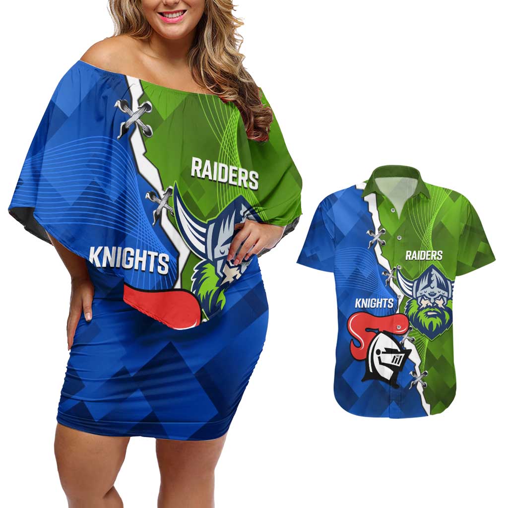 Custom Raiders And Knights Couples Matching Off Shoulder Short Dress and Hawaiian Shirt Together Dynamic Style