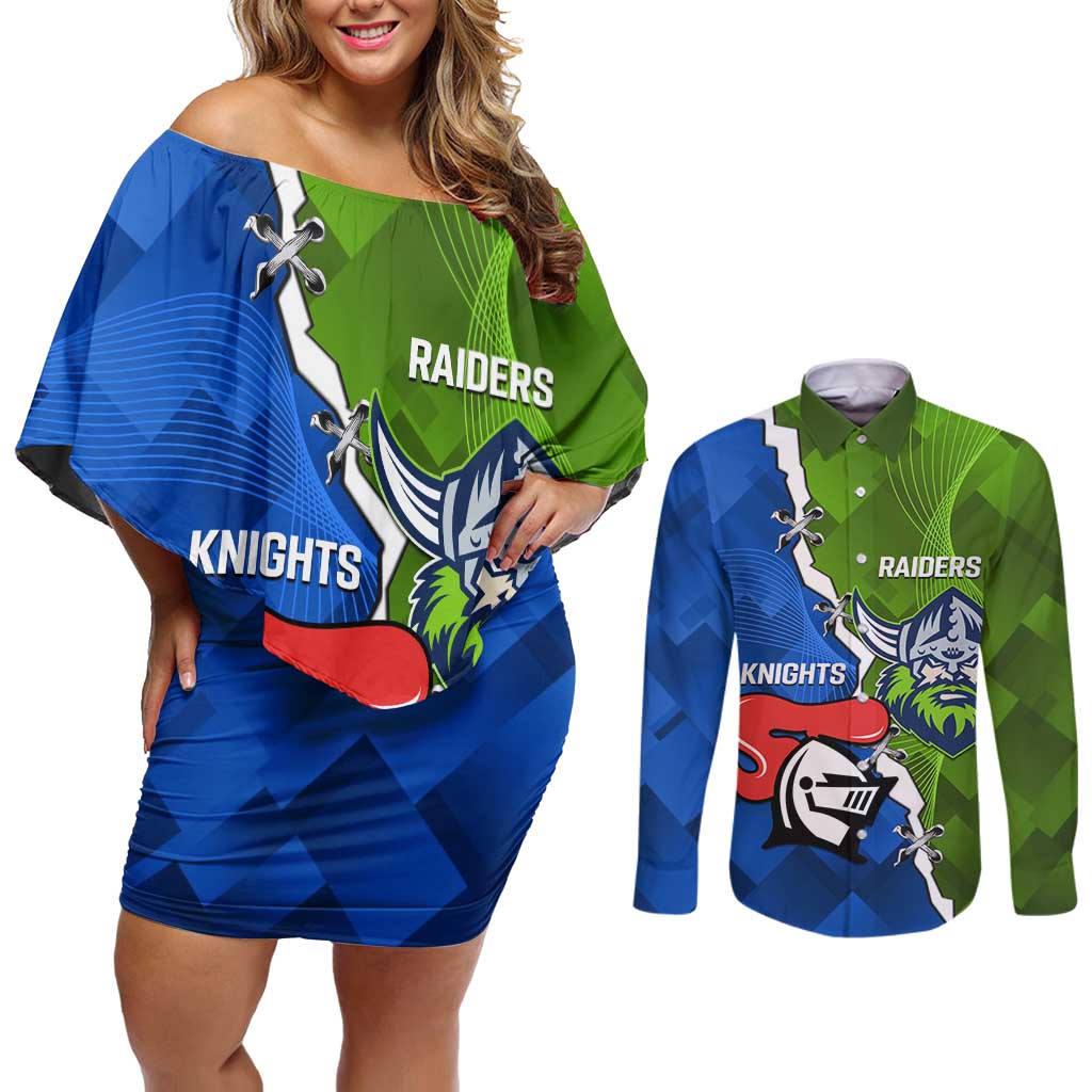 Custom Raiders And Knights Couples Matching Off Shoulder Short Dress and Long Sleeve Button Shirt Together Dynamic Style