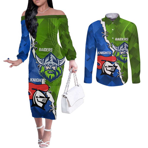 Custom Raiders And Knights Couples Matching Off The Shoulder Long Sleeve Dress and Long Sleeve Button Shirt Together Dynamic Style