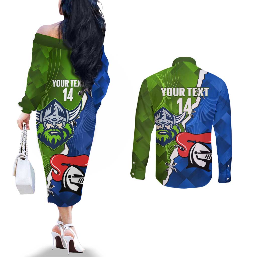 Custom Raiders And Knights Couples Matching Off The Shoulder Long Sleeve Dress and Long Sleeve Button Shirt Together Dynamic Style