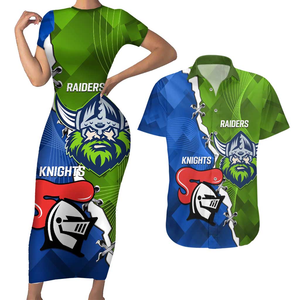 Custom Raiders And Knights Couples Matching Short Sleeve Bodycon Dress and Hawaiian Shirt Together Dynamic Style