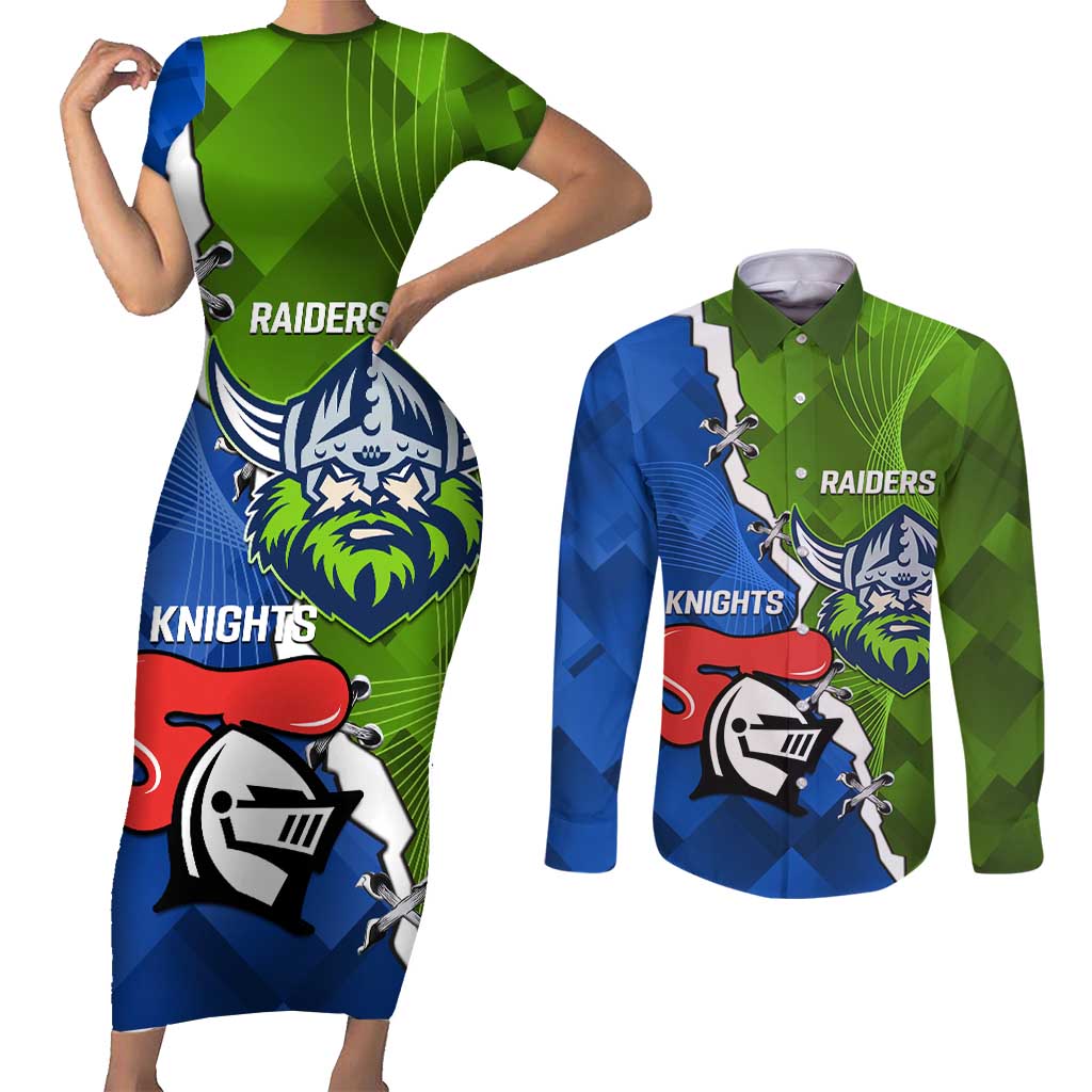 Custom Raiders And Knights Couples Matching Short Sleeve Bodycon Dress and Long Sleeve Button Shirt Together Dynamic Style