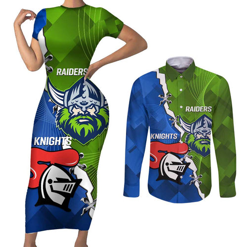 Custom Raiders And Knights Couples Matching Short Sleeve Bodycon Dress and Long Sleeve Button Shirt Together Dynamic Style