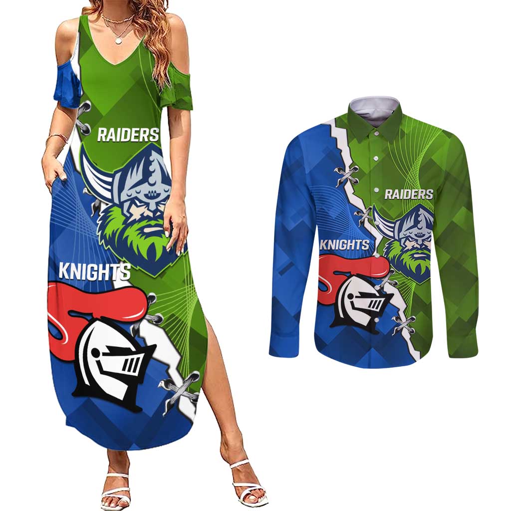 Custom Raiders And Knights Couples Matching Summer Maxi Dress and Long Sleeve Button Shirt Together Dynamic Style